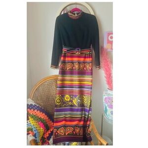 Vintage 60s 70s Black, Purple, Orange Psychedelic Heart Print Maxi Dress XS